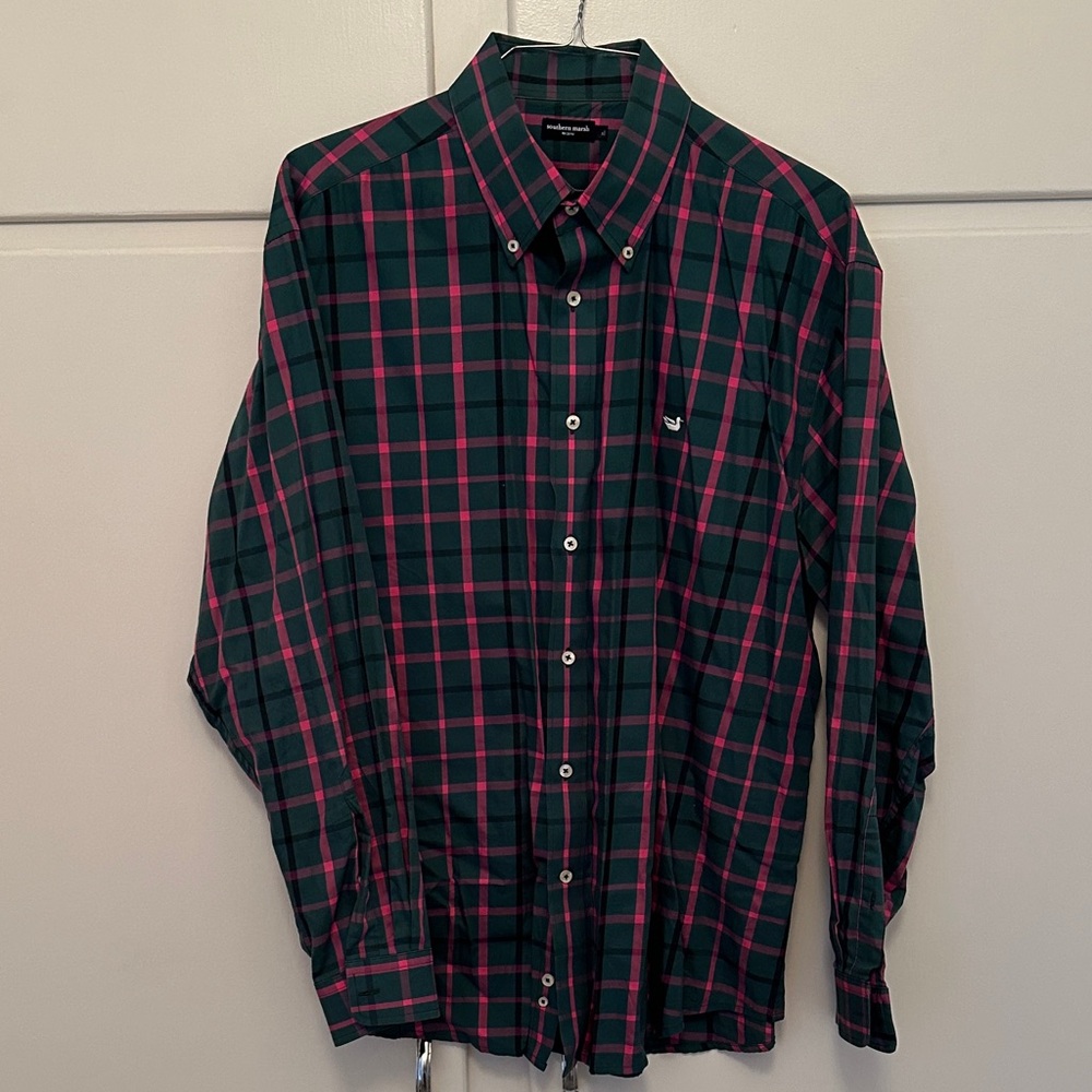 LIKE NEW Southern Marsh Men's Plaid Shirt - Green and Red/Pink